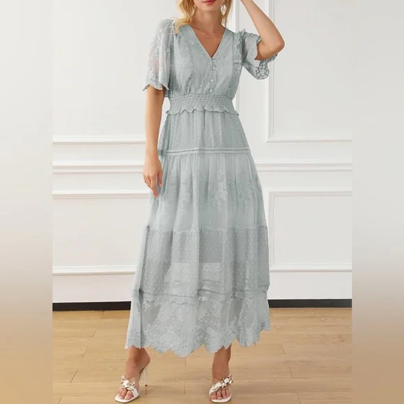 Happy sailed GRAY Maxi Dress with Lace Ruffle | Bohemian - NWOT Size Large - Picture 5 of 10